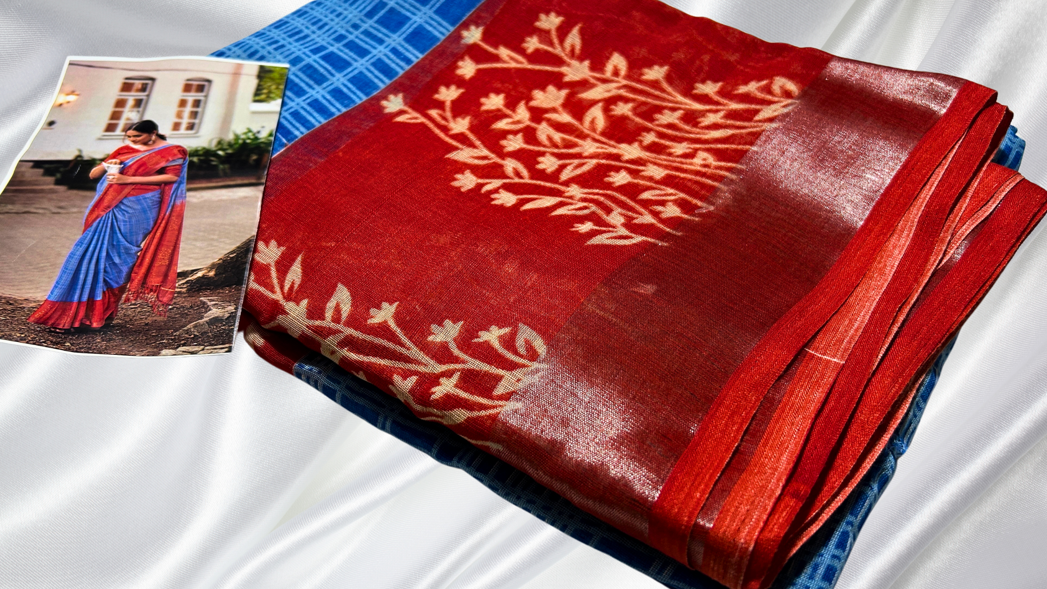 Linen Double Checks Cotton Saree - Blue & Red