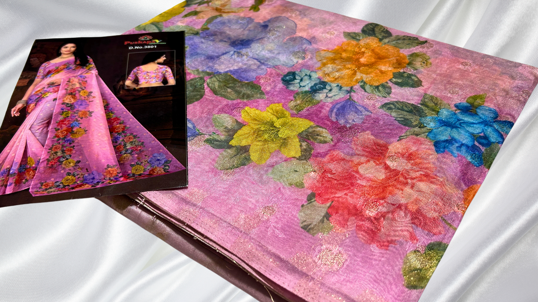 Premium Floral Paper Silk Saree - Pink