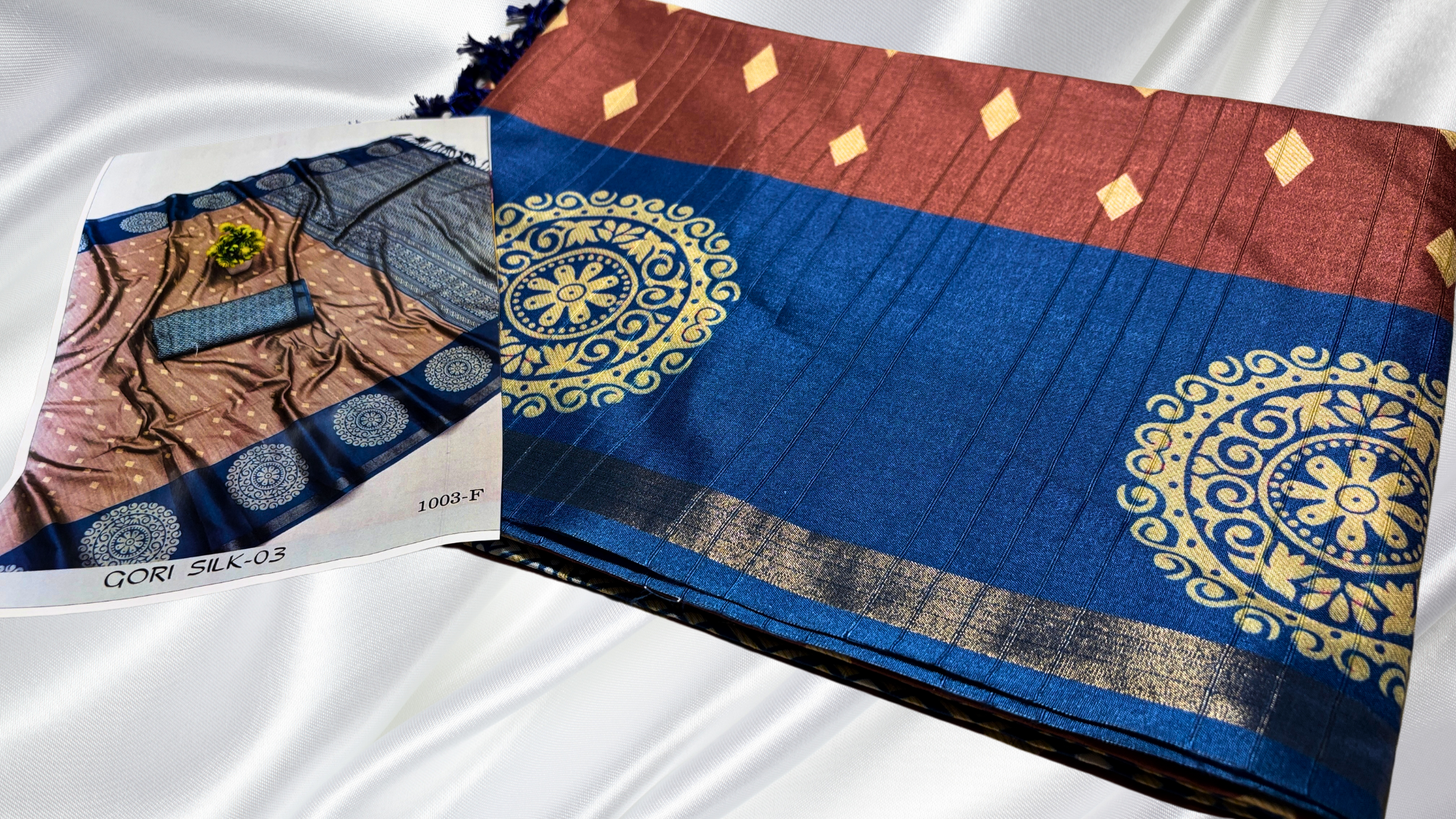Premium Bangalore Digital Silk Saree - Brick & Navy Blue