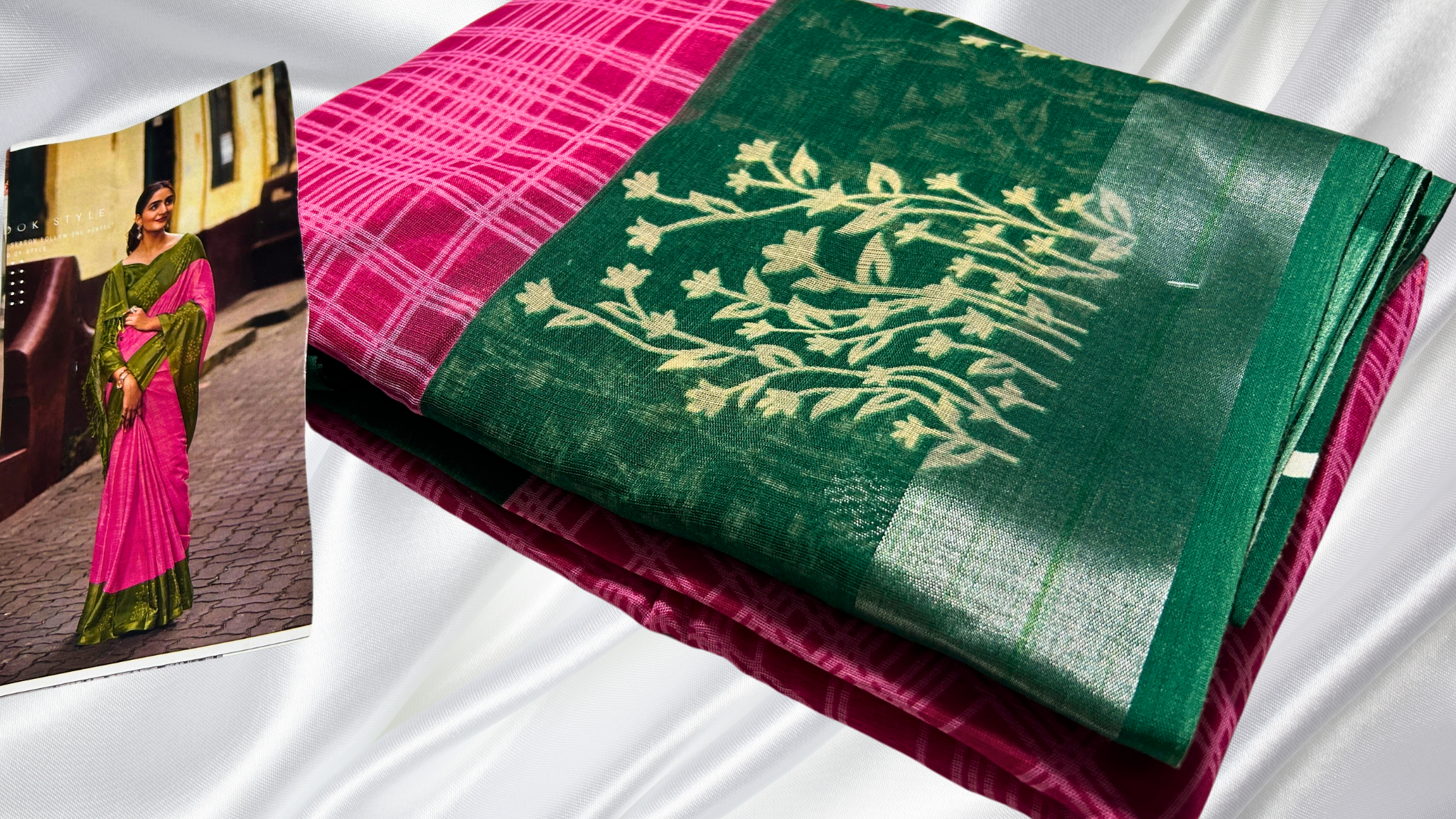 Linen Double Checks Cotton Saree - Pink & Pine