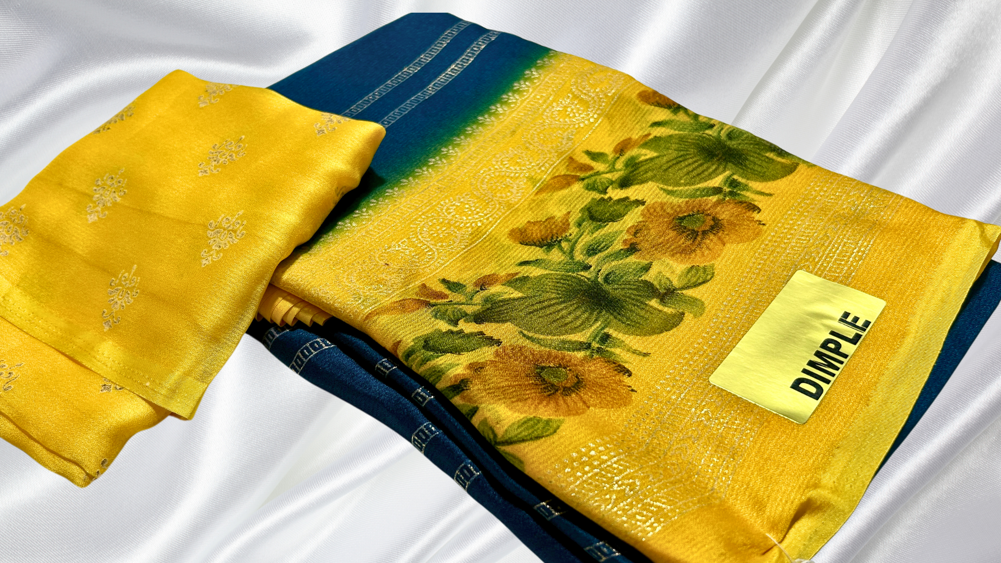Marble Designer Gold Foil Saree - Aqua Blue & Yellow