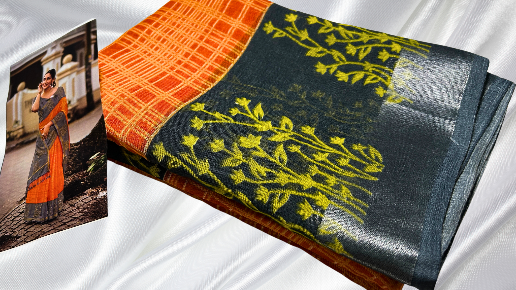 Linen Double Checks Cotton Saree - Orange & Black