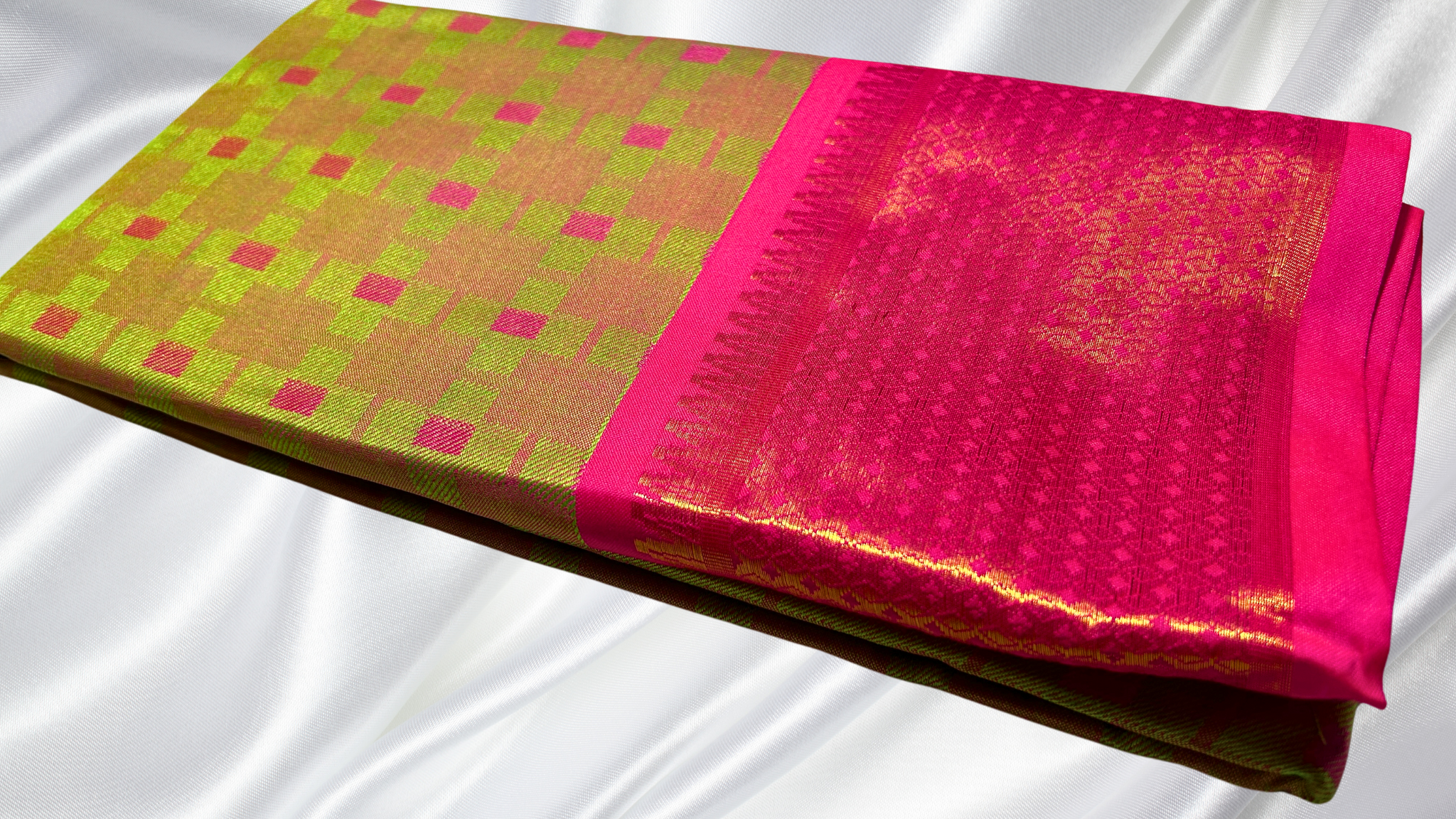 Tam Fancy Soft Silk Saree - Leaf Green & Pink