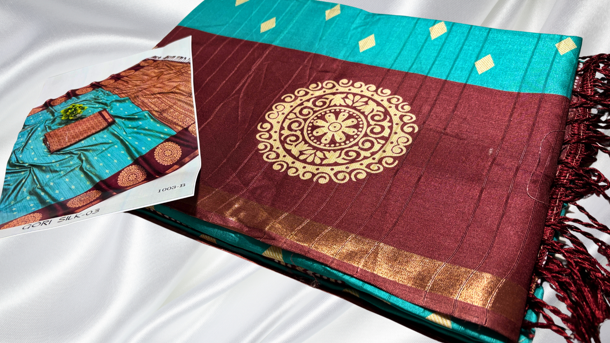 Premium Bangalore Digital Silk Saree - Turquoise & Maroon