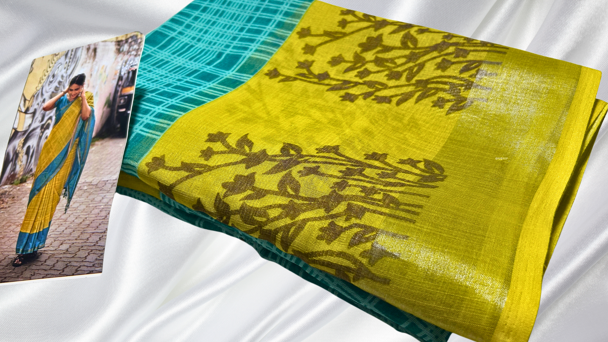 Linen Double Checks Cotton Saree - Turquoise & Yellow