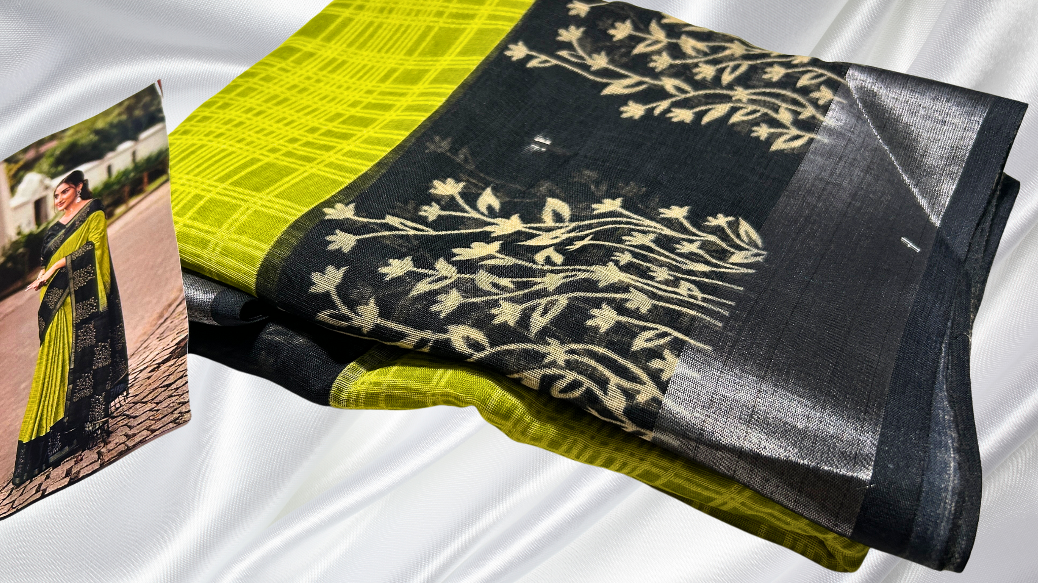 Linen Double Checks Cotton Saree - Lime & Black