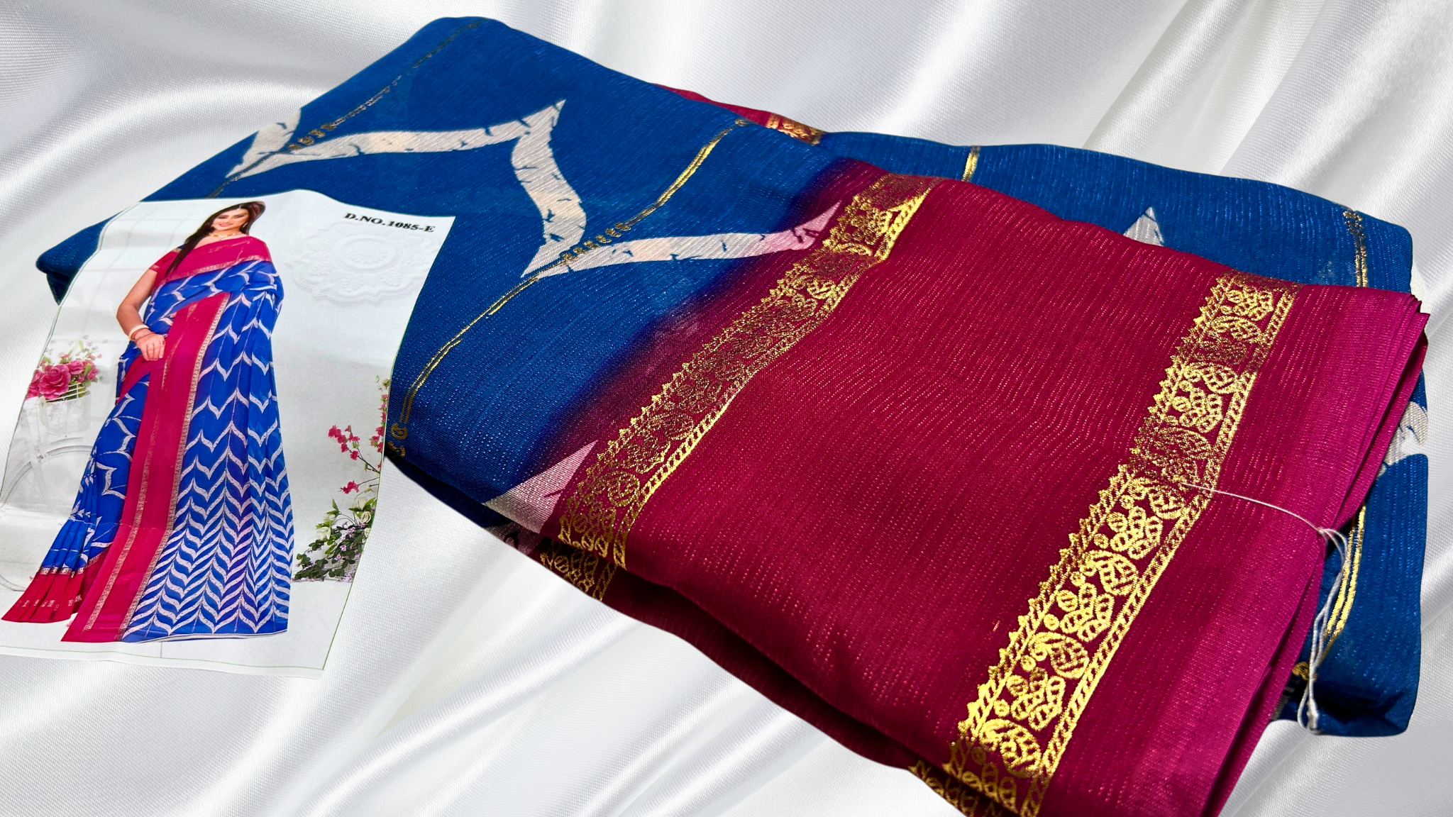 Manipur Soft Foil Silk Saree - Blue & Red Pink