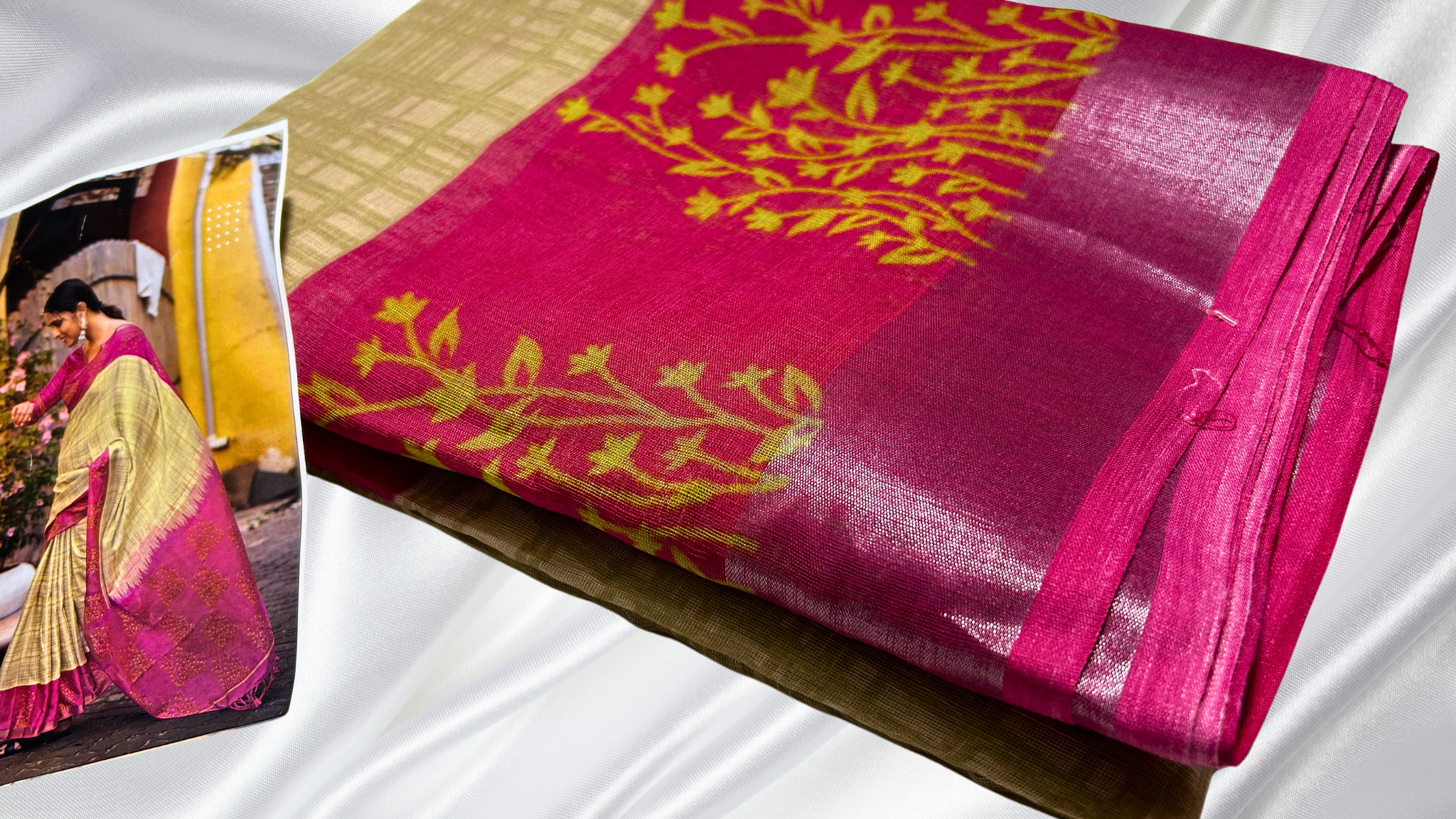 Linen Double Checks Cotton Saree - Cream & Pink