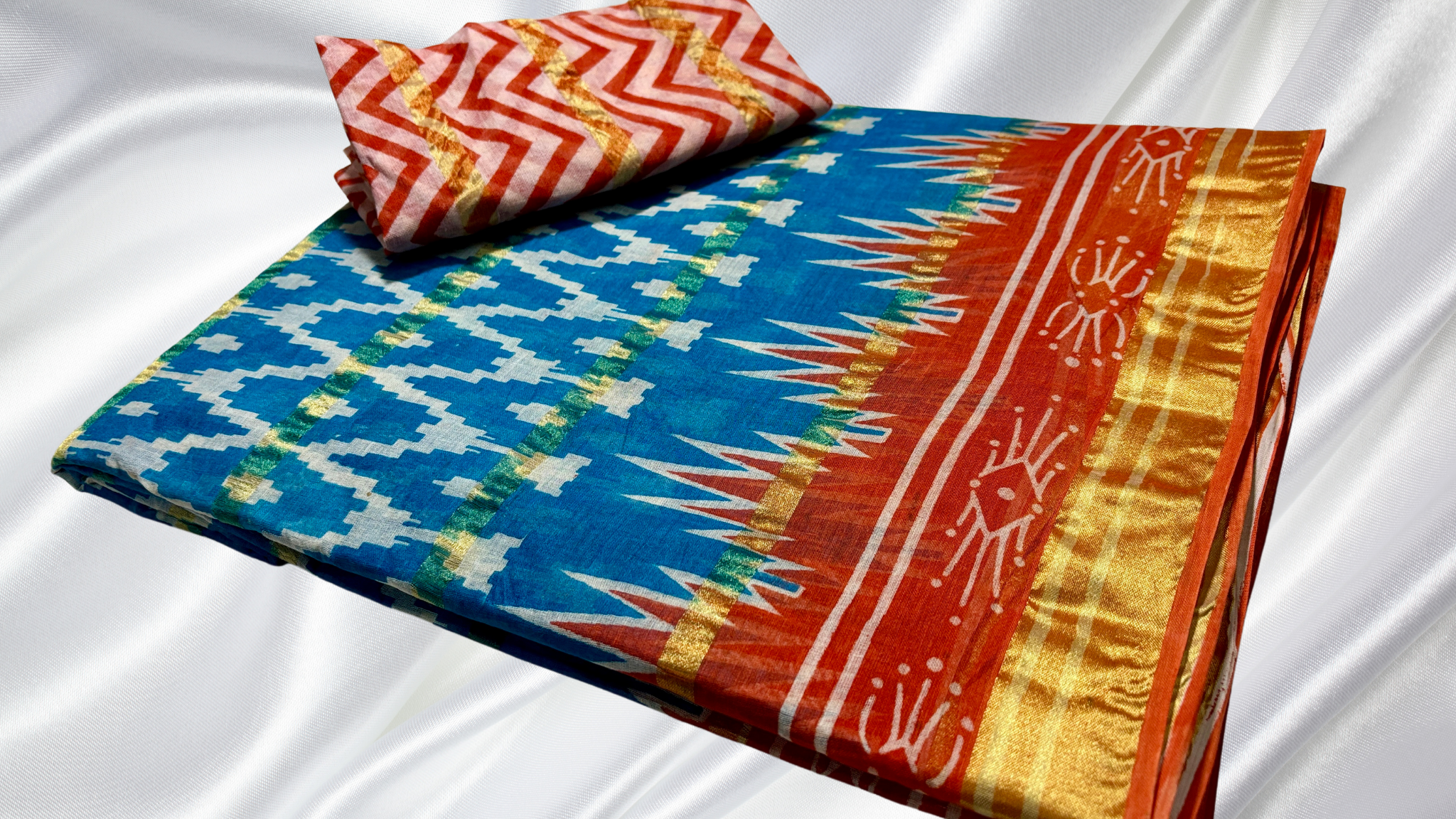 10 Pathi Pure Cotton Diamond Saree - Sea Blue & Orange