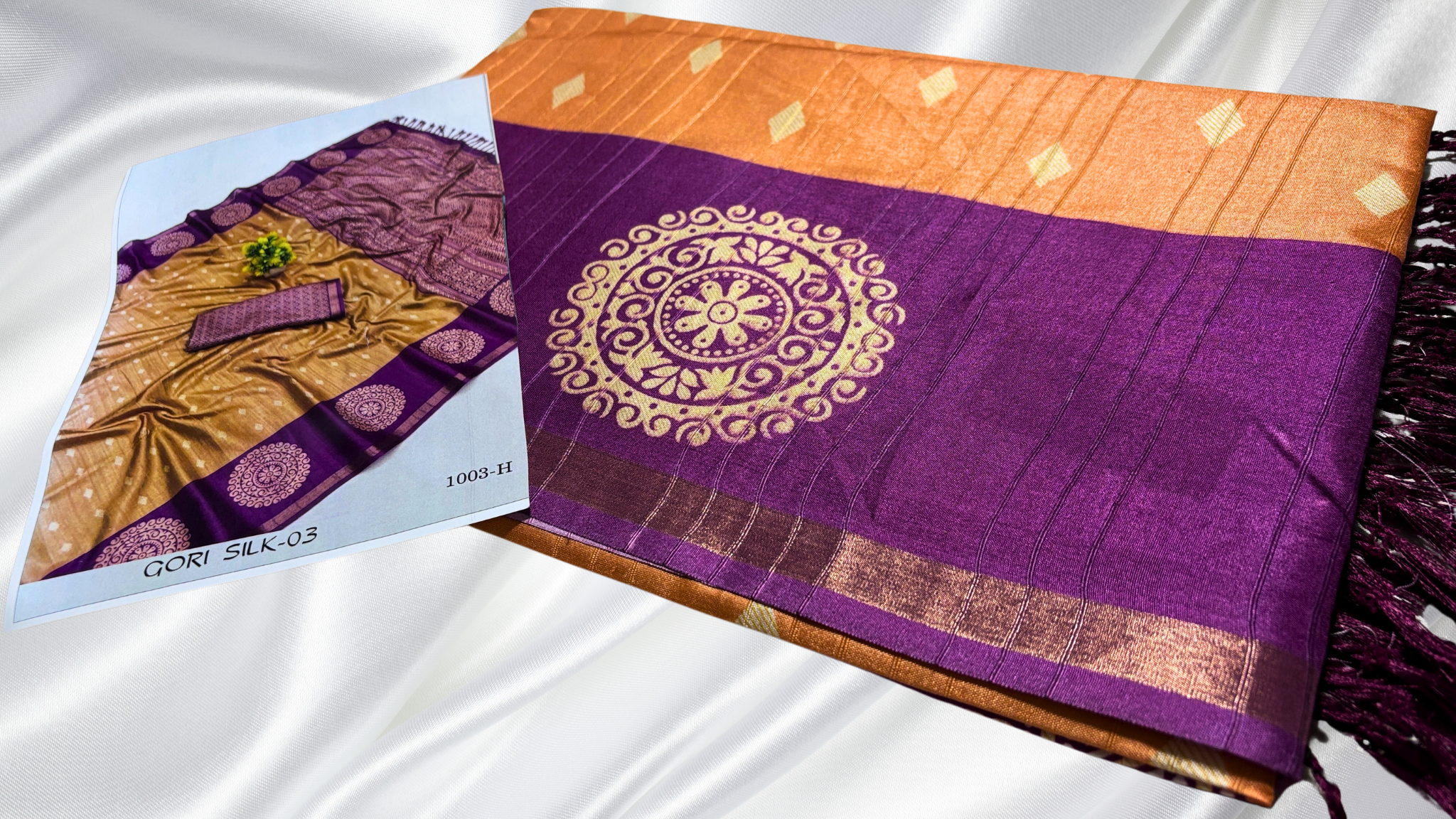 Premium Bangalore Digital Silk Saree - Orange & Plum