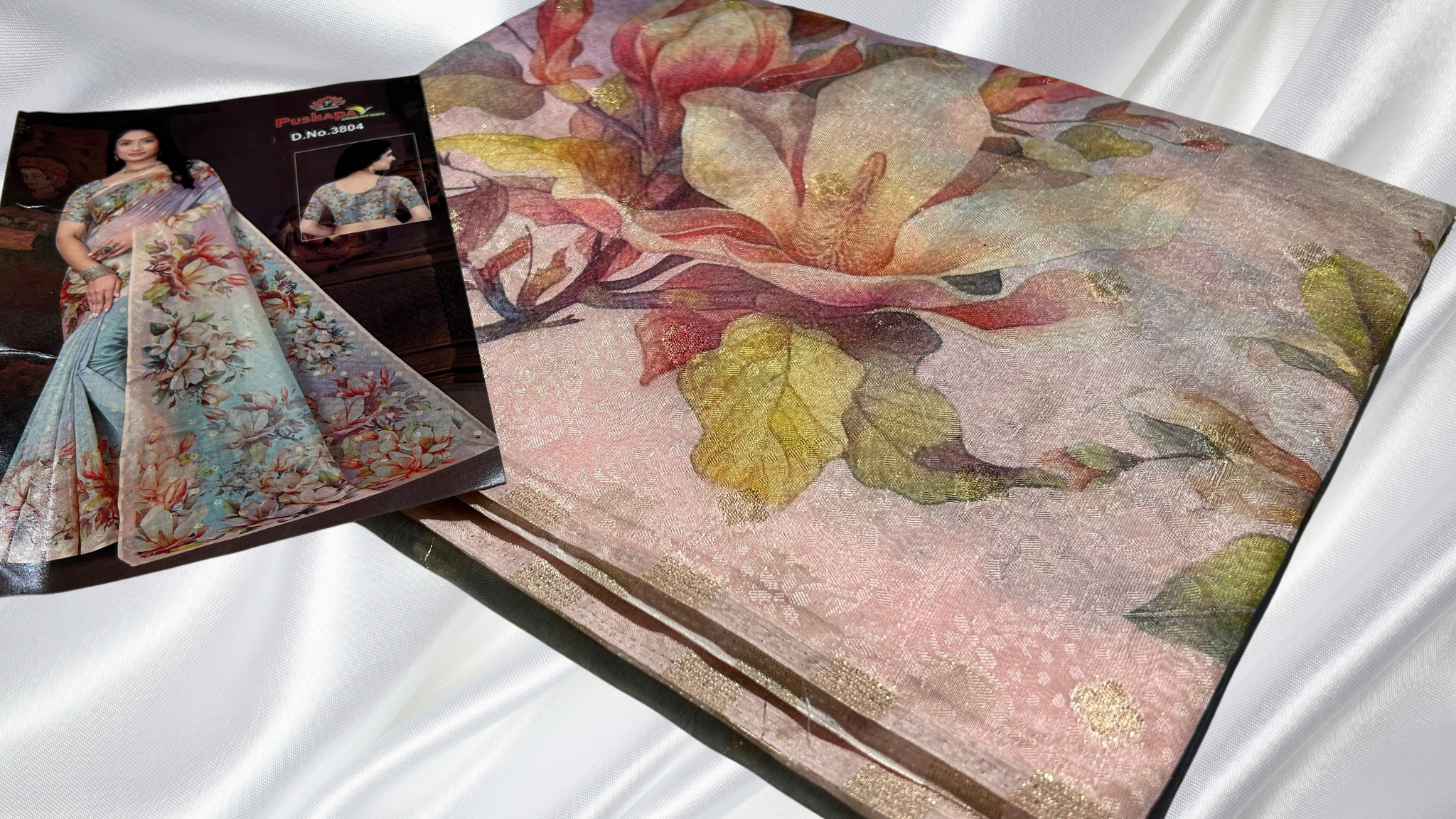 Premium Floral Paper Silk Saree - Light Peach