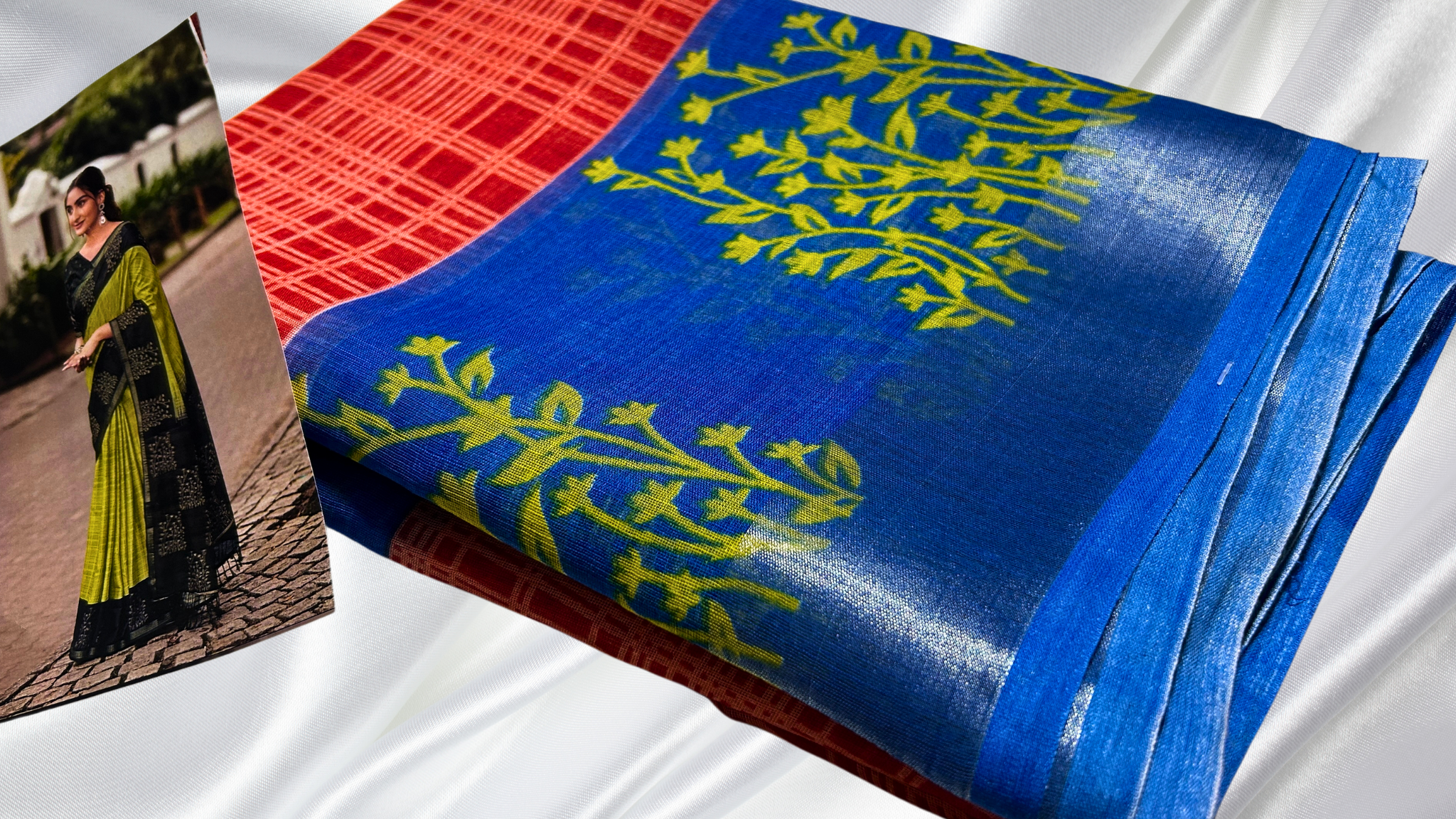 Linen Double Checks Cotton Saree - Red & Blue