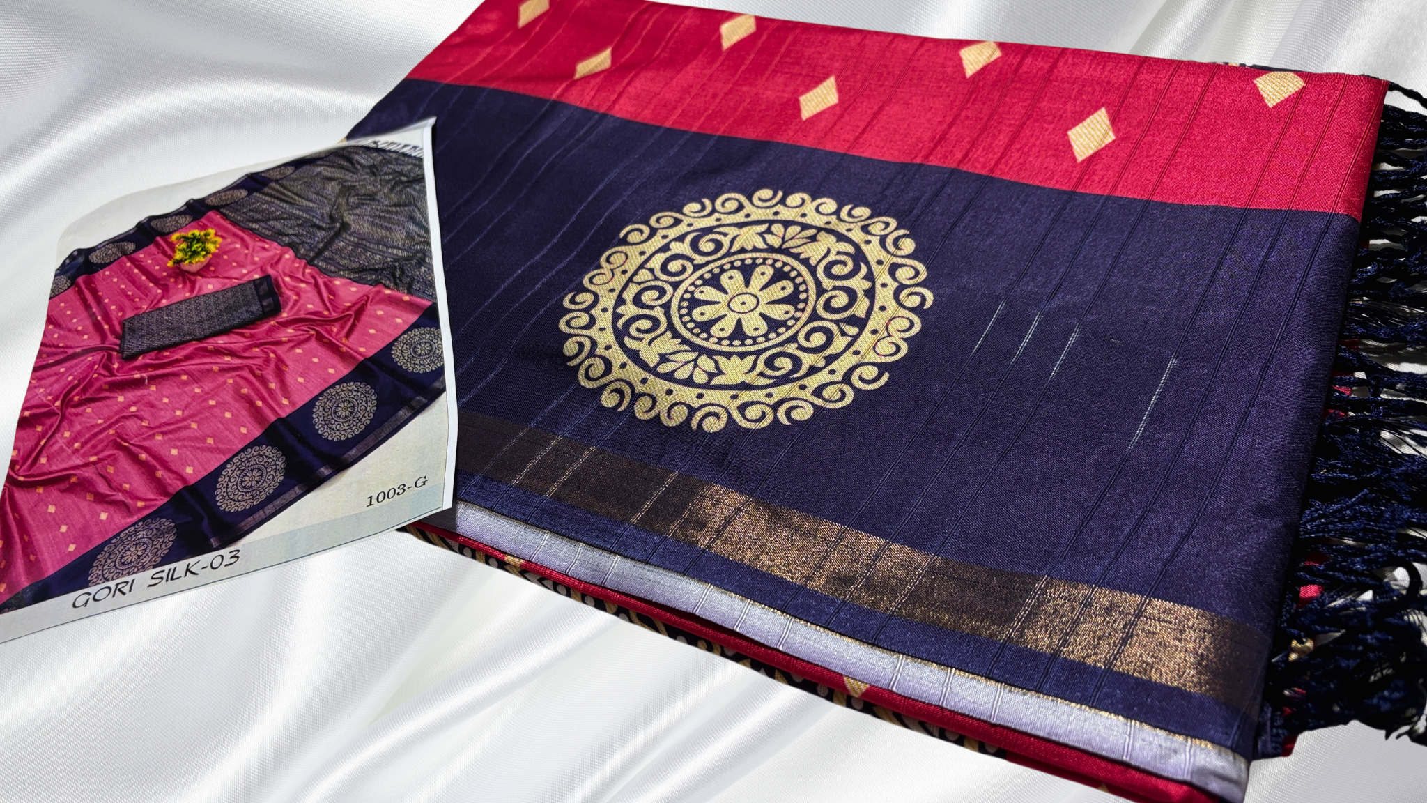 Premium Bangalore Digital Silk Saree - Red Pink & Dark Blue