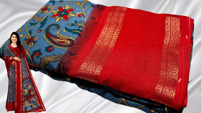 Binny Digital Crepe Silk Saree - Gray & Red