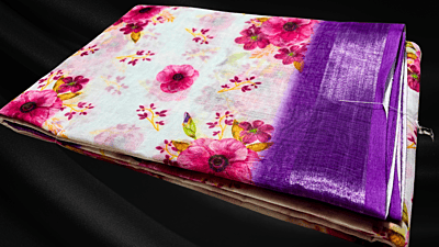 Naksha Linen Cotton Silver Saree - White Plum