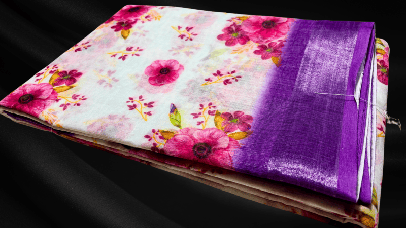 Naksha Linen Cotton Silver Saree - White Plum
