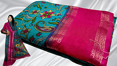 Binny Digital Crepe Silk Saree - Turquoise & Pink