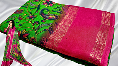 Binny Digital Crepe Silk Saree - Parrot Green & Pink