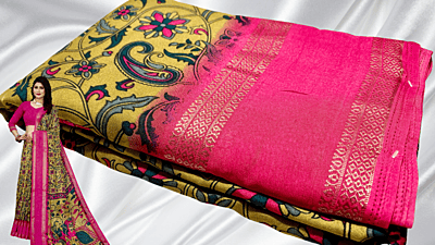Binny Digital Crepe Silk Saree - Light Yellow & Pink