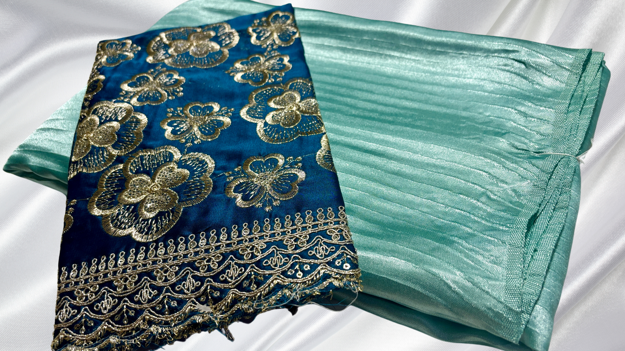 Satin Crush Designer Belt Saree - Sea Blue