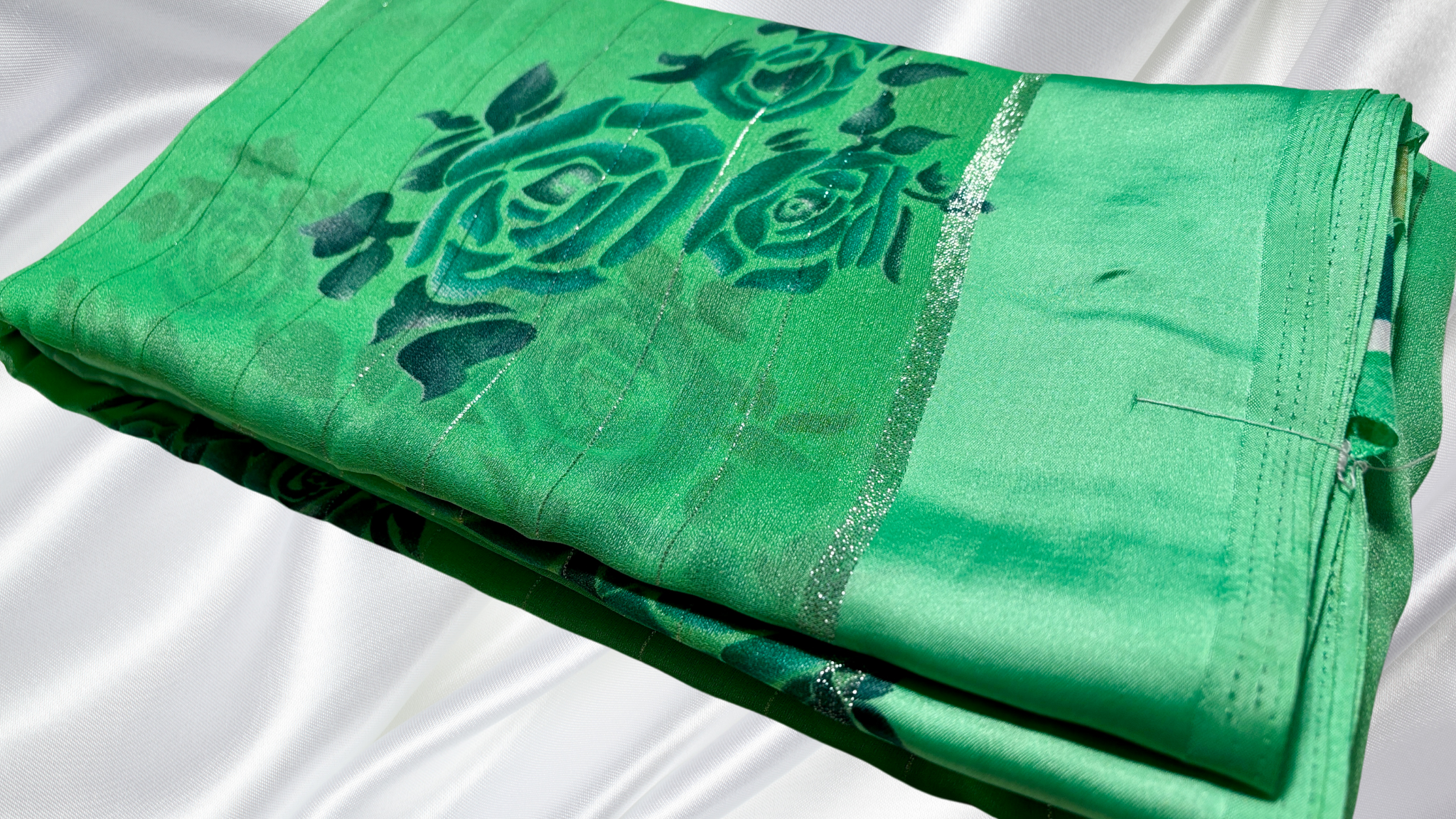 Silver Line Rose Satin Saree - Green
