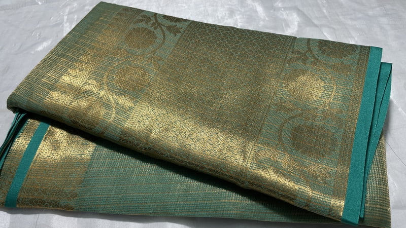 Golden Tissue Saree - Blueish Green