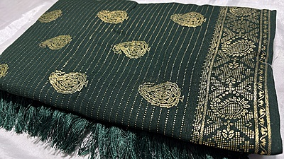 Manga Gold Foil Line Saree - Dark Green