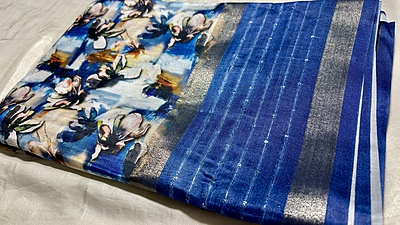 Handloom Sequence Digital Saree - Navy Blue