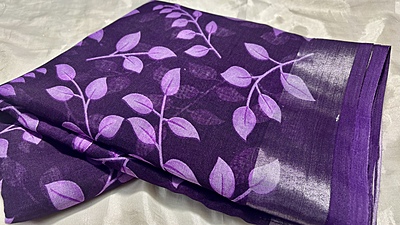 Linen Black & Lavendar Leaf Saree