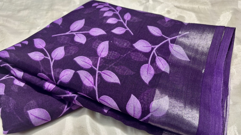 Linen Black & Lavendar Leaf Saree