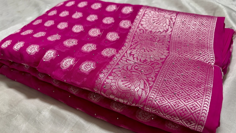 Silver Star Stone Work Saree - Pink