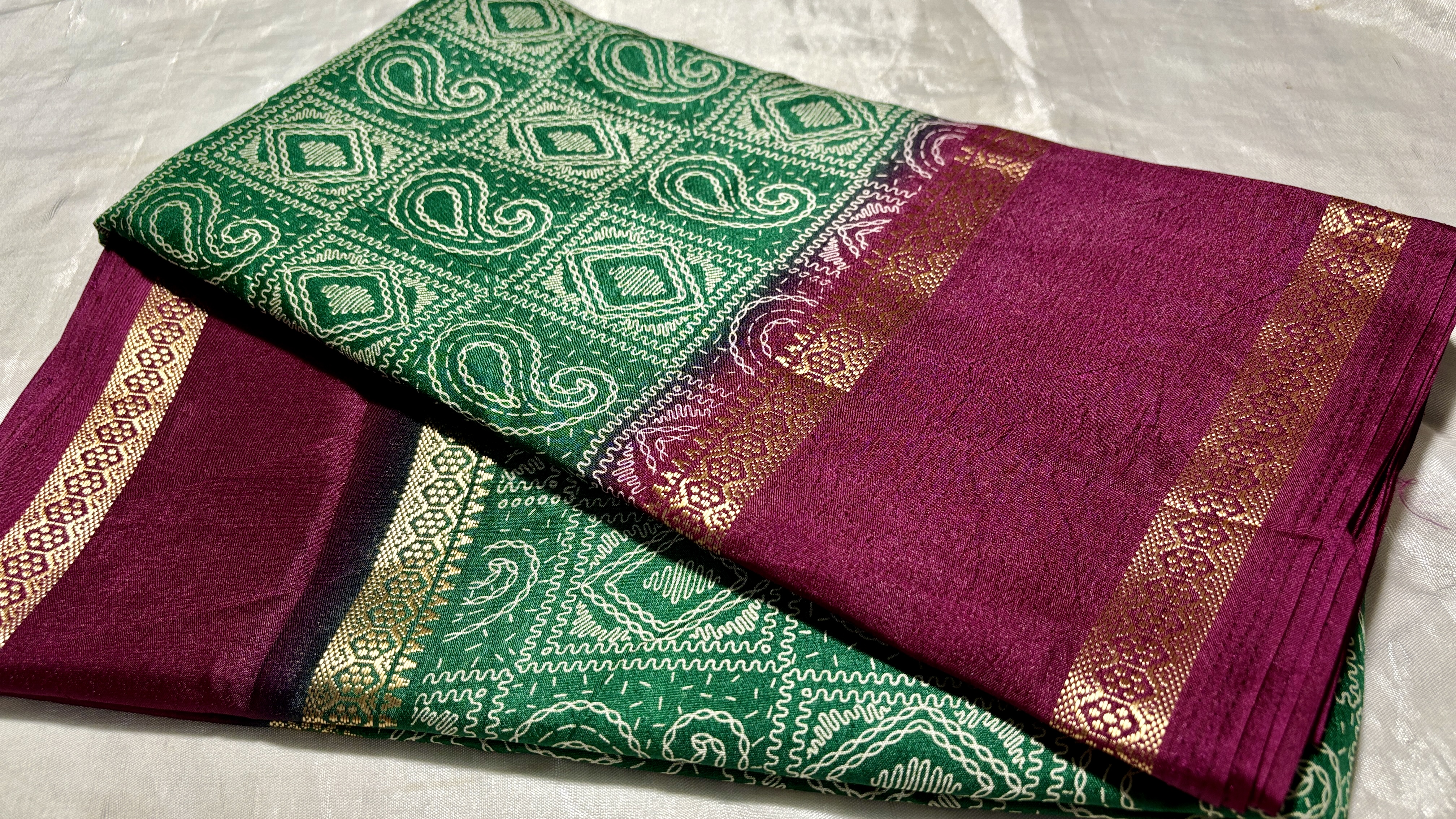 Mysore Digital Silk Saree - Plum & Bottle Green