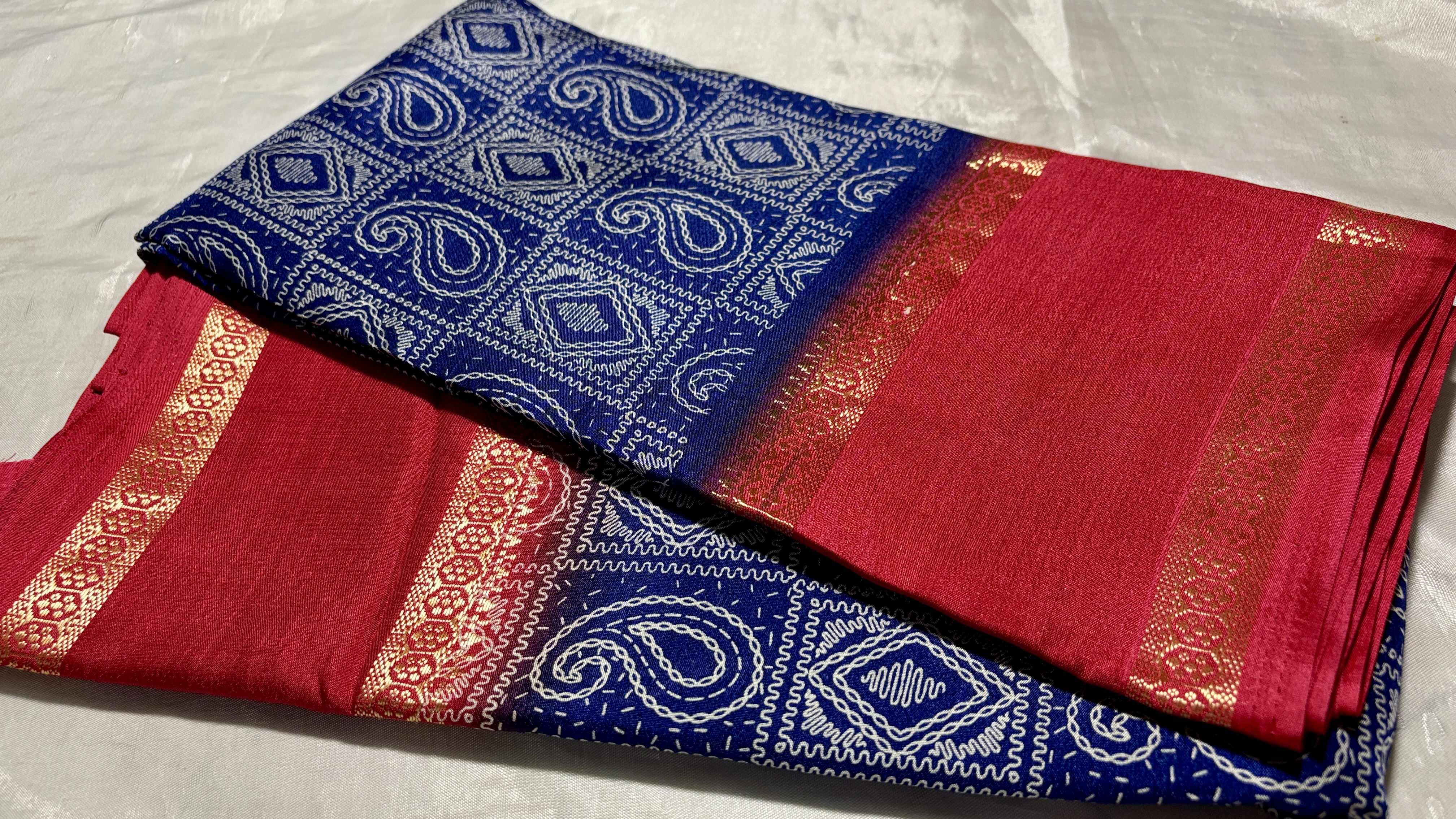Mysore Digital Silk Saree - Red & Navy Blue