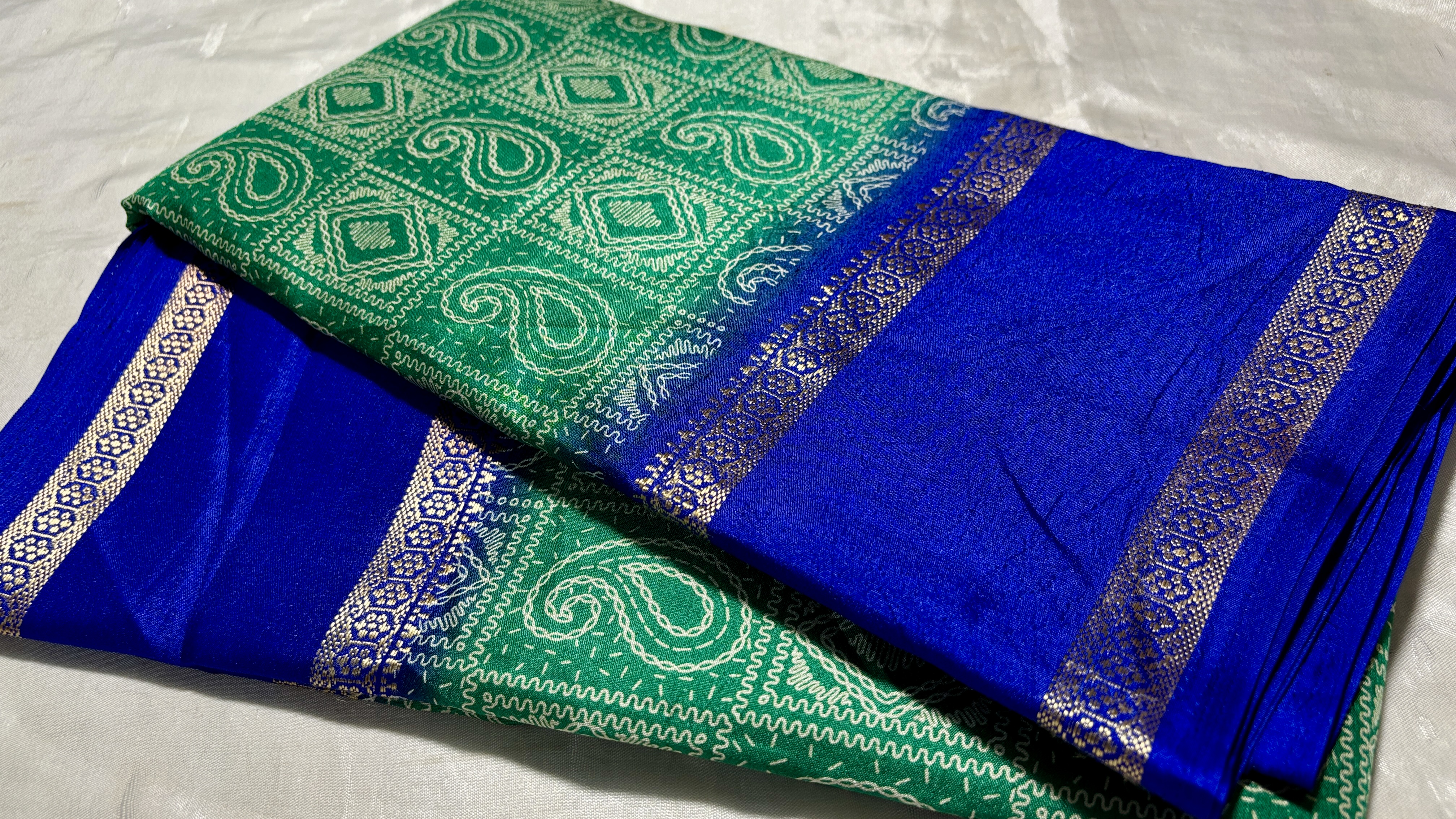 Mysore Digital Silk Saree - Ink Blue & Bottle Green