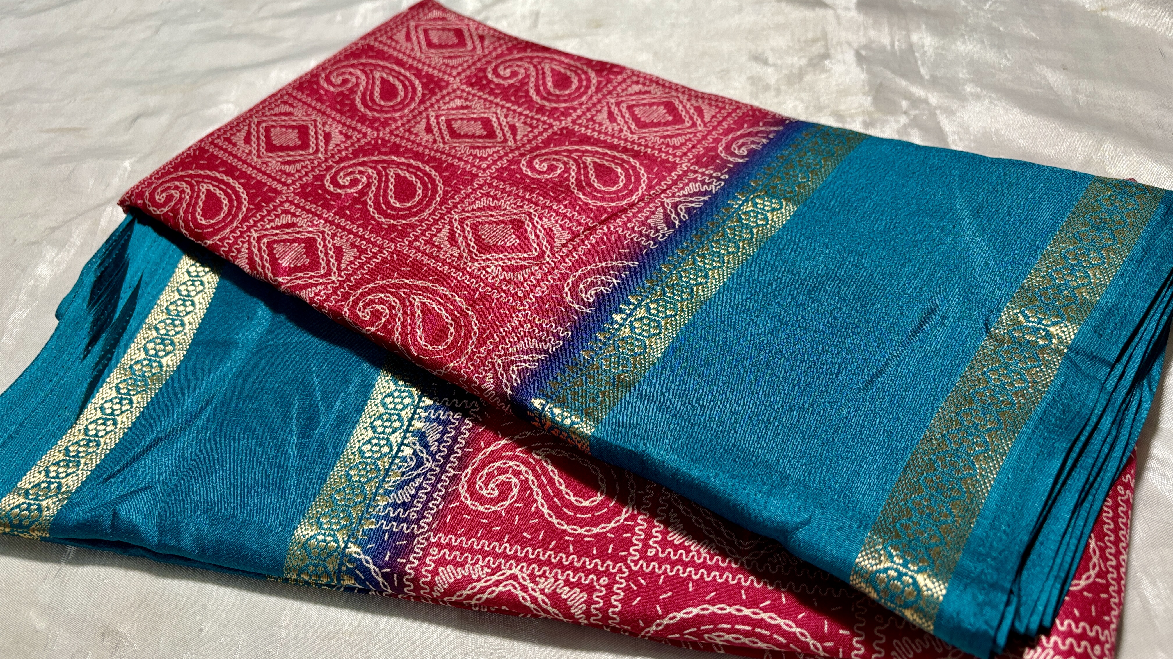 Mysore Digital Silk Saree - Sea Blue & Red Pink
