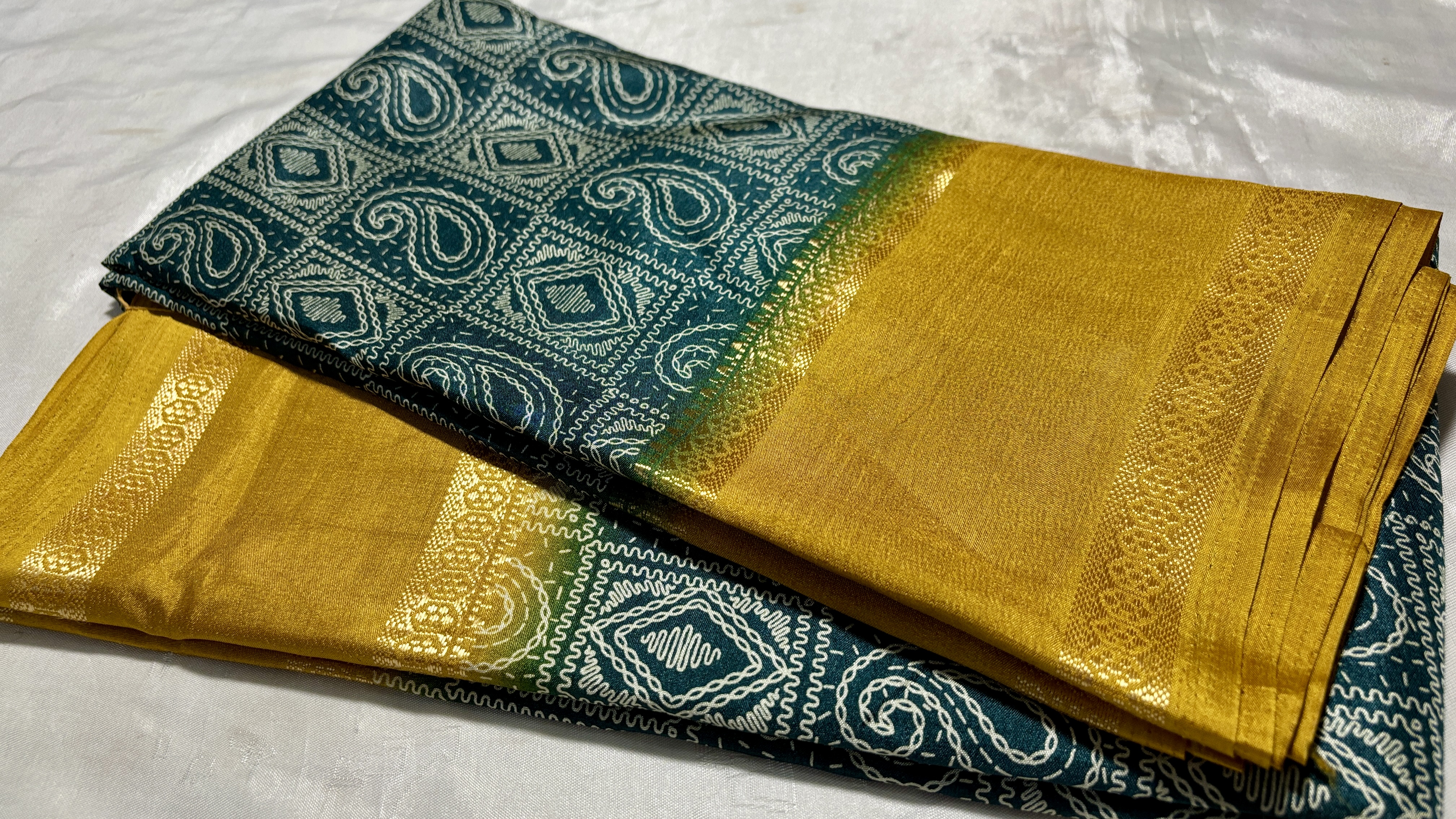 Mysore Digital Silk Saree - Mustard & Dark Green