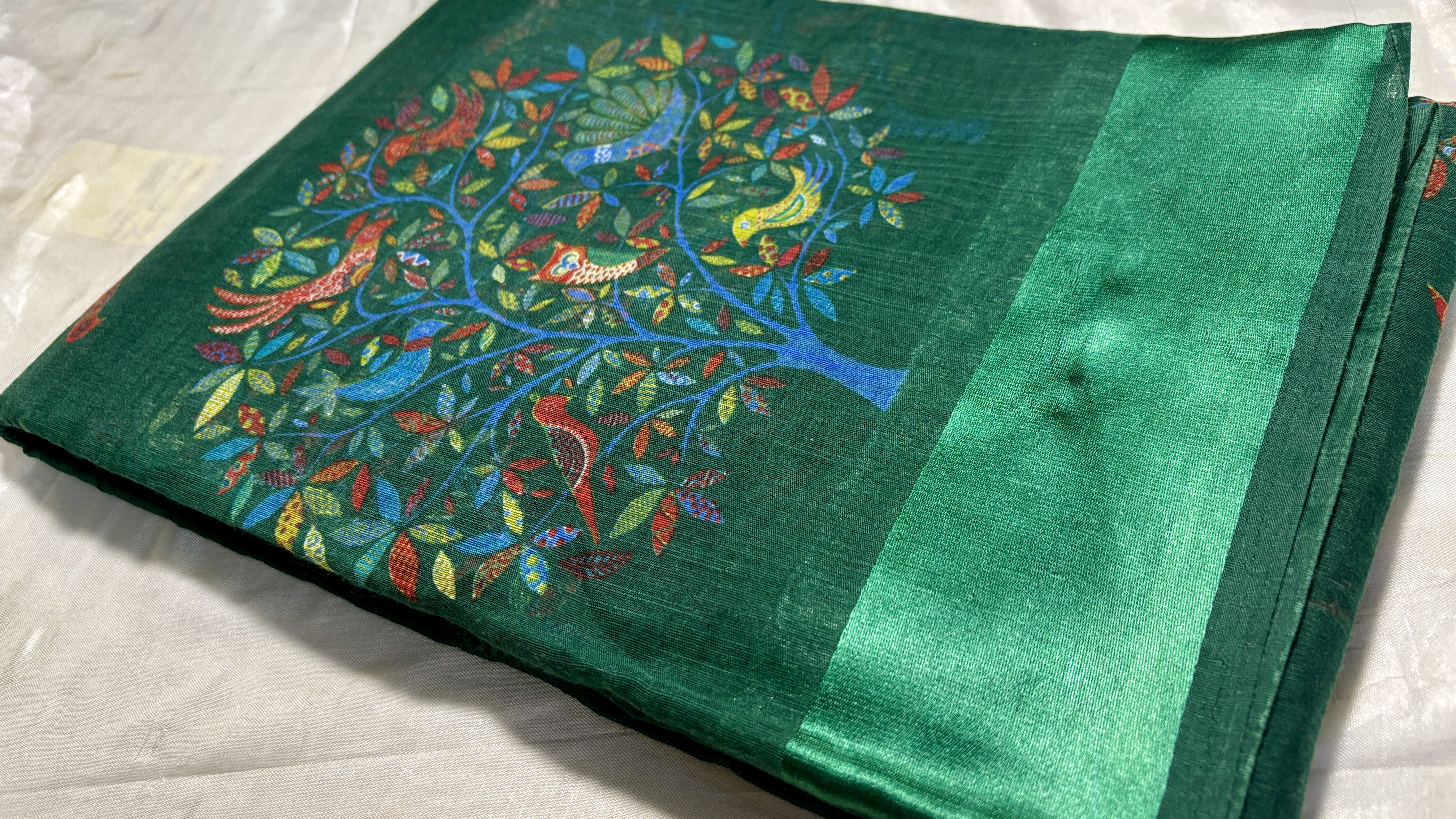 Linen Satin Tree Saree - Dark Green
