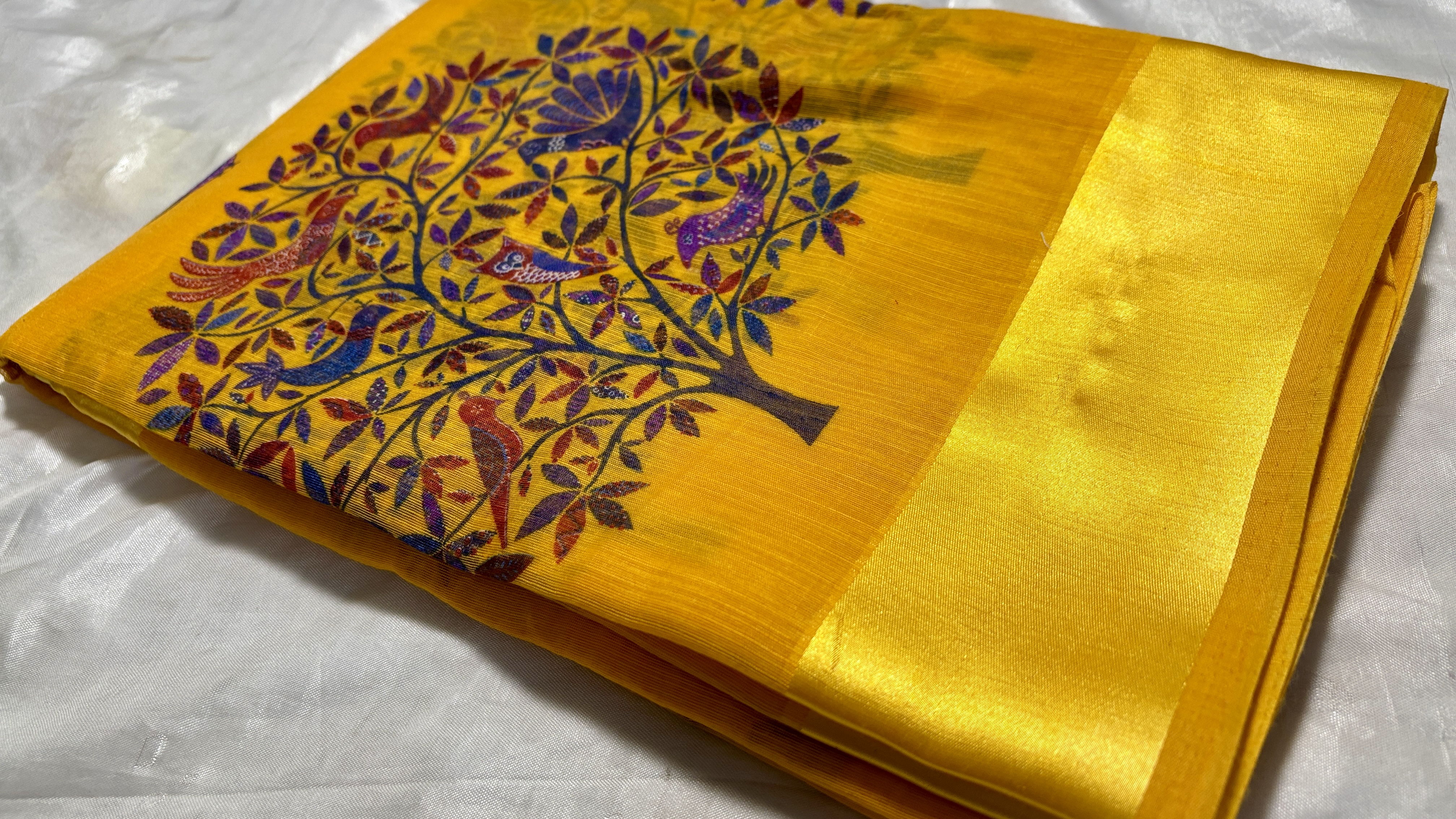 Linen Satin Tree Saree - Yellow