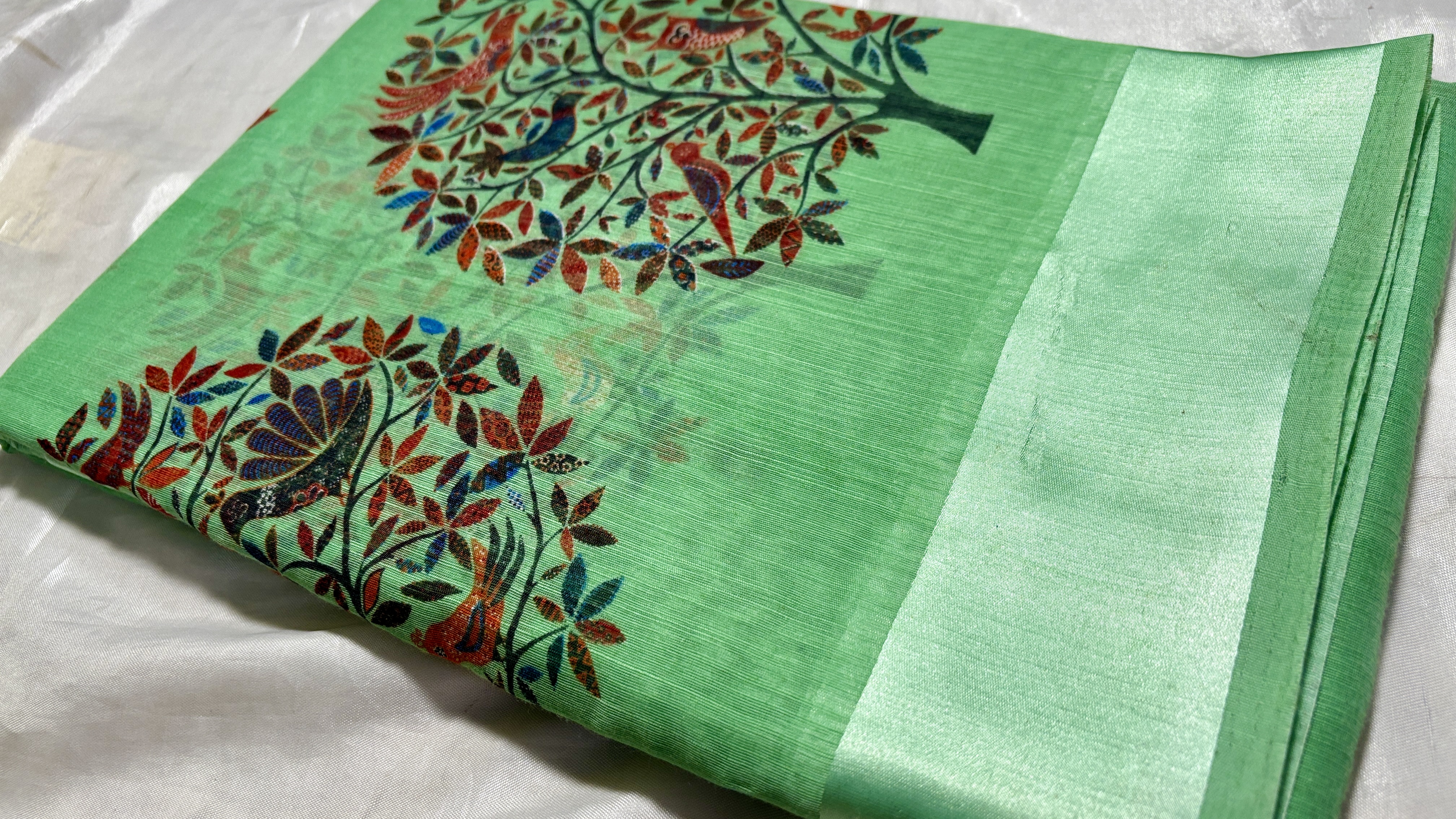 Linen Satin Tree Saree - Pista