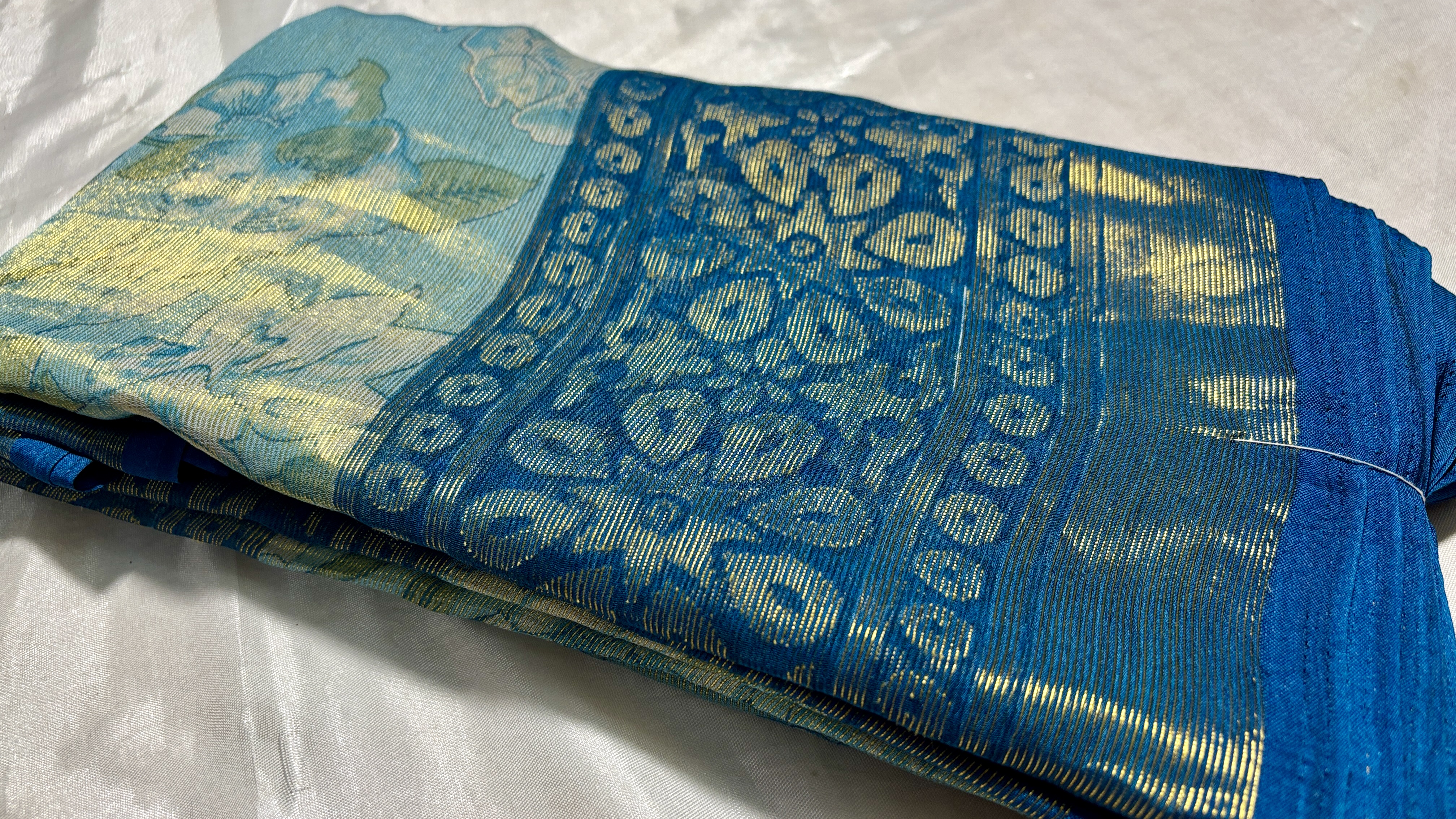 Chiffon Brasso Floral Digital Saree - Sea Blue