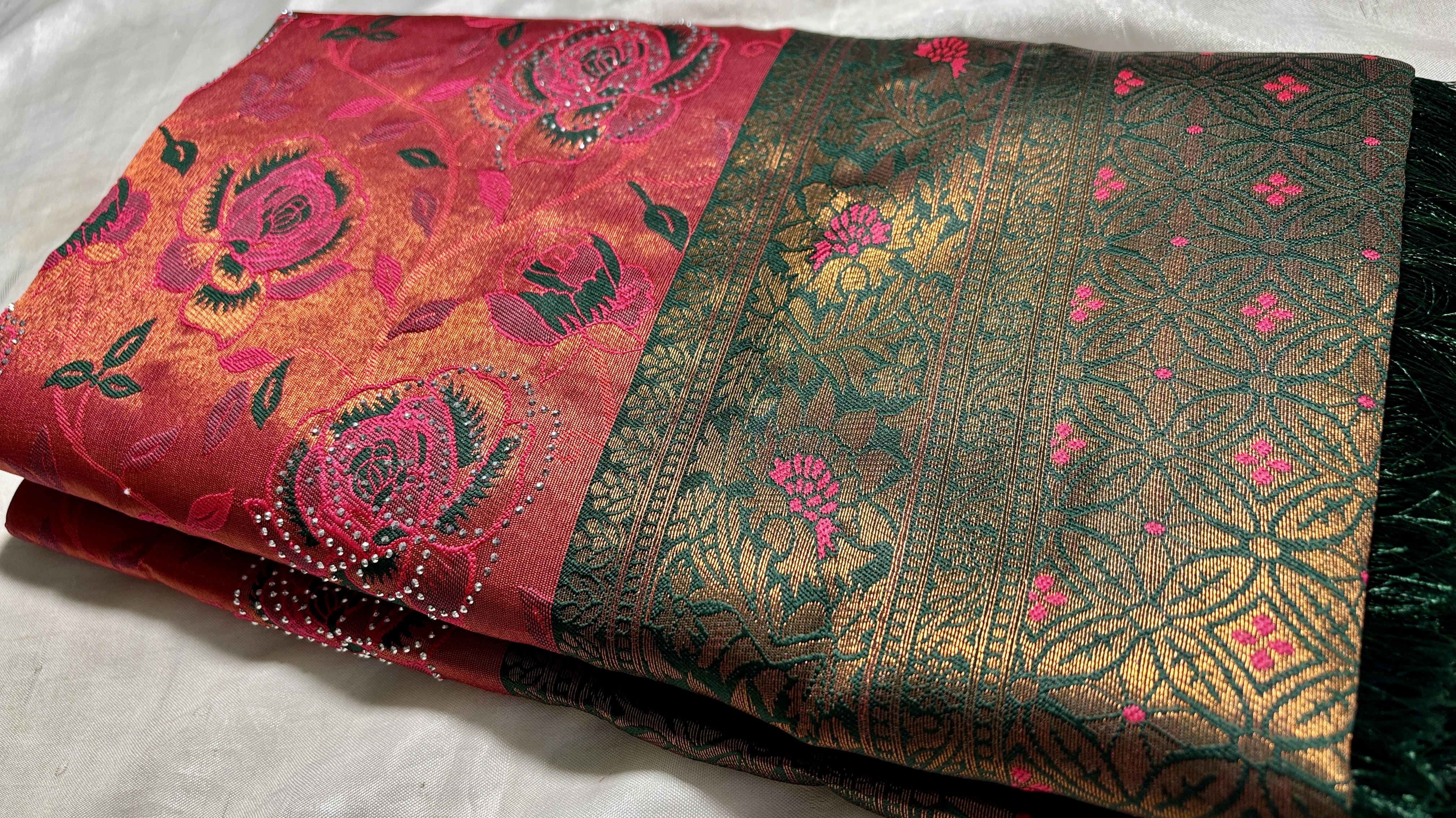 Rozy Stone Work Silk Saree - Red Rose & Dark Green