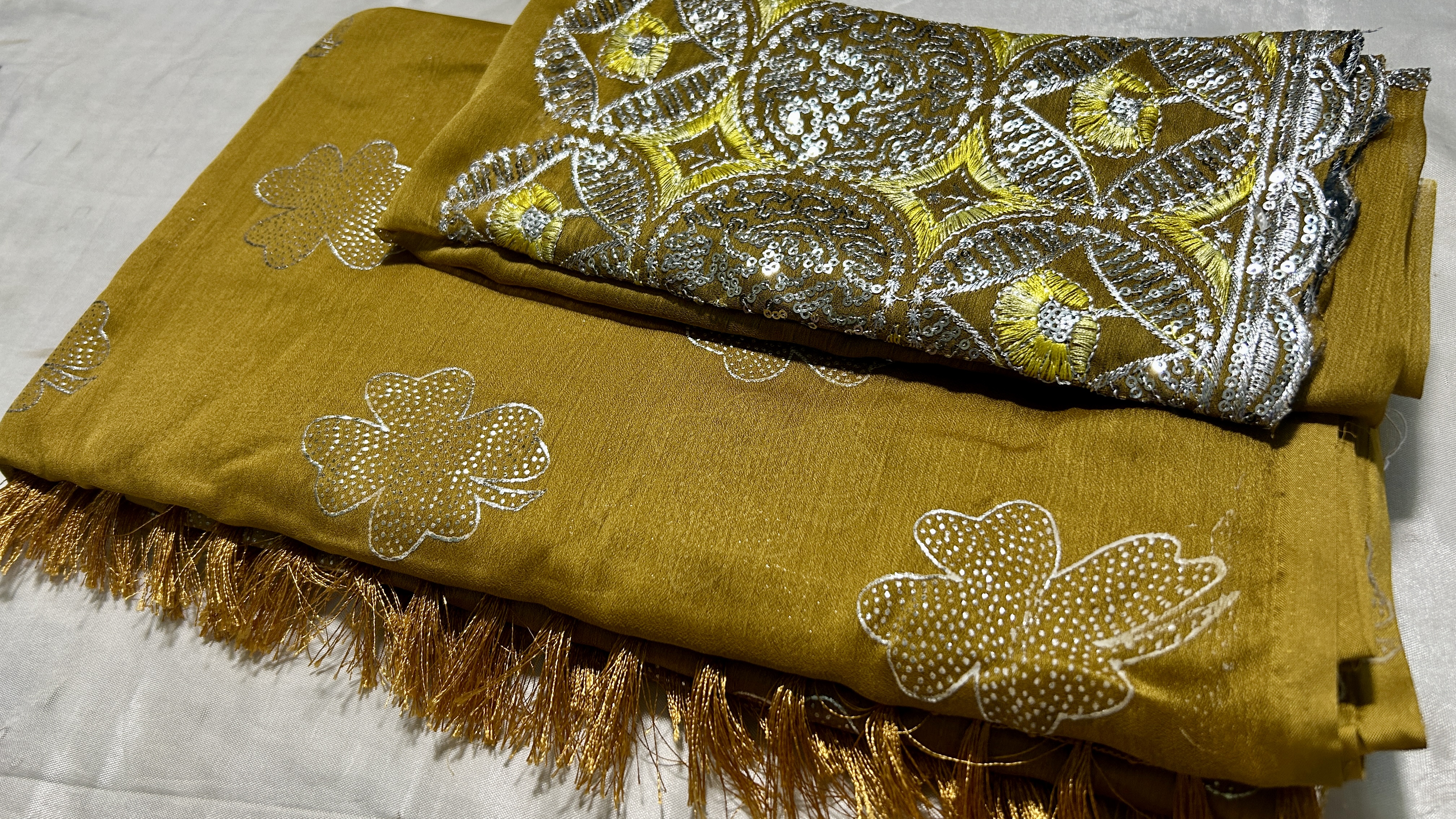 Antic Foil With Design Blouse Saree - Mustard