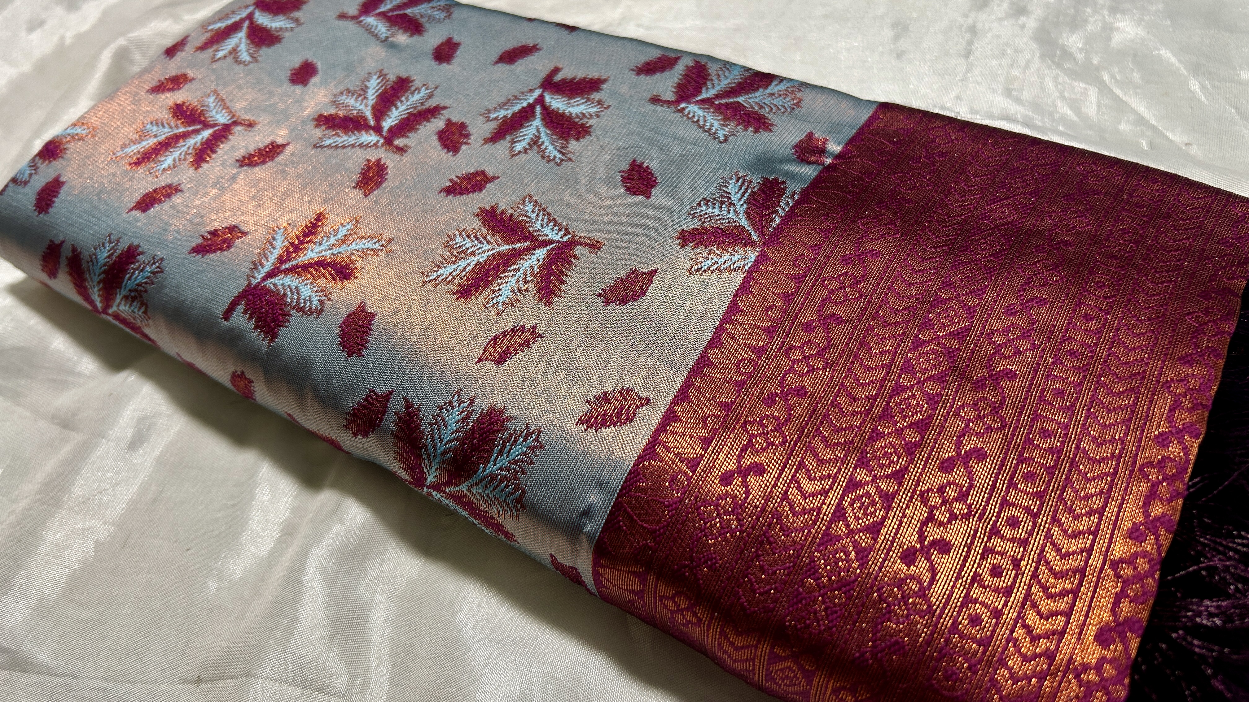 Copper King Fancy Leaf Silk Saree - Gray & Dark Plum