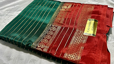 Turkey Foil Silk Saree - Dark Green & Red