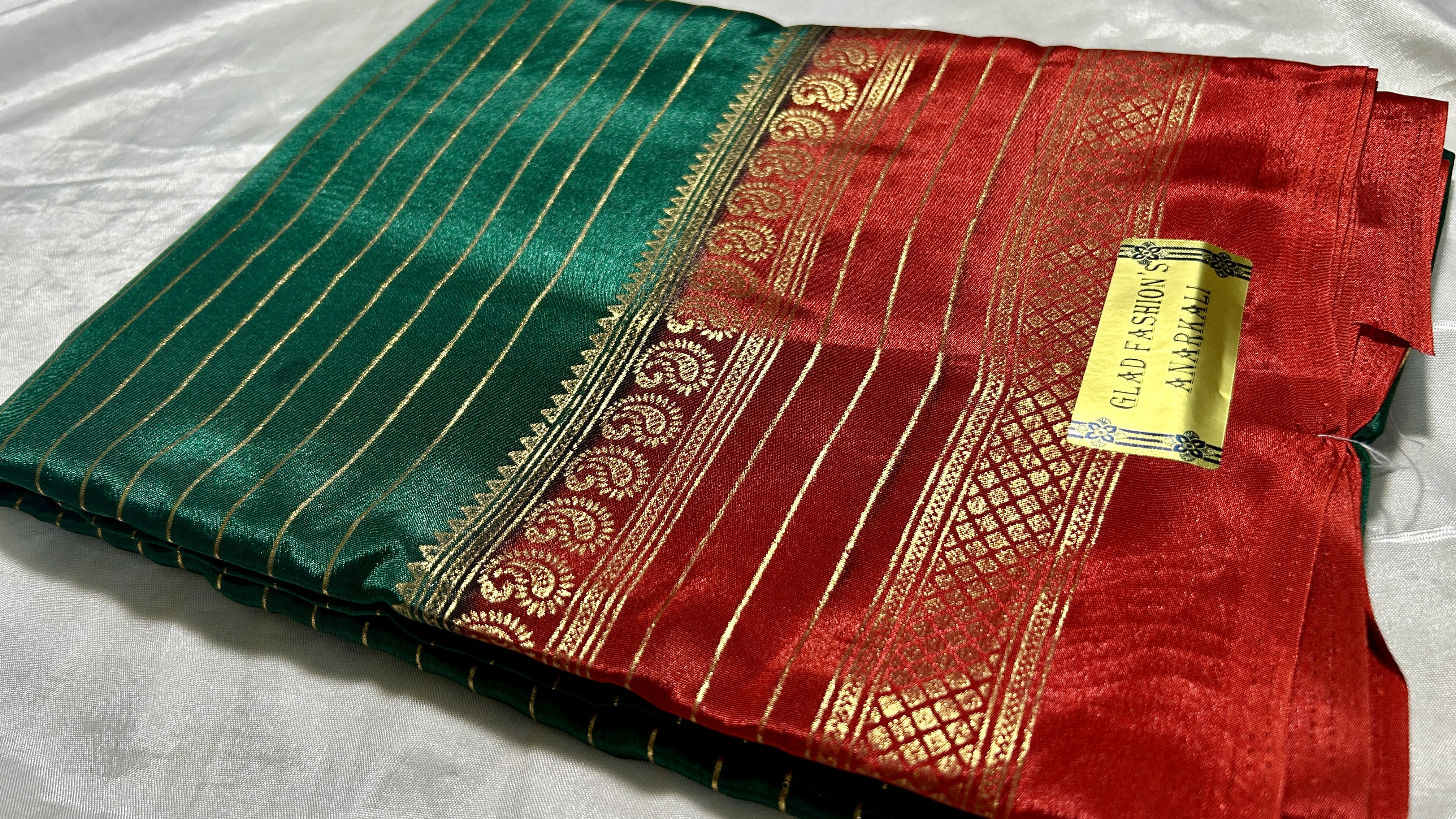 Turkey Foil Silk Saree - Dark Green & Red