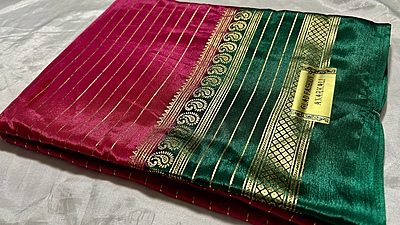 Turkey Foil Silk Saree - Red Rose & Green