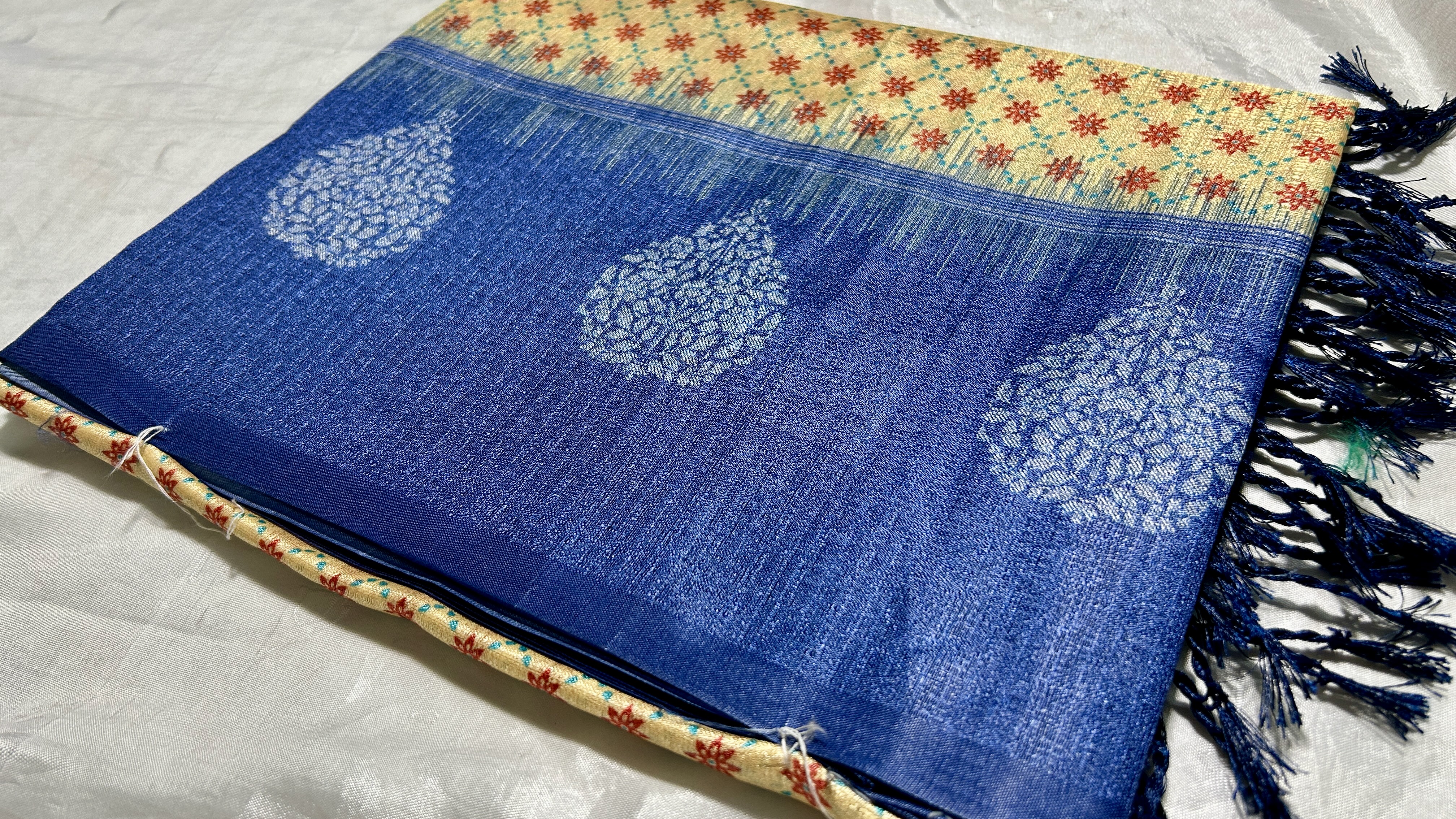 Pasmina Raw Digital Silk Saree - Cream & Ink Blue