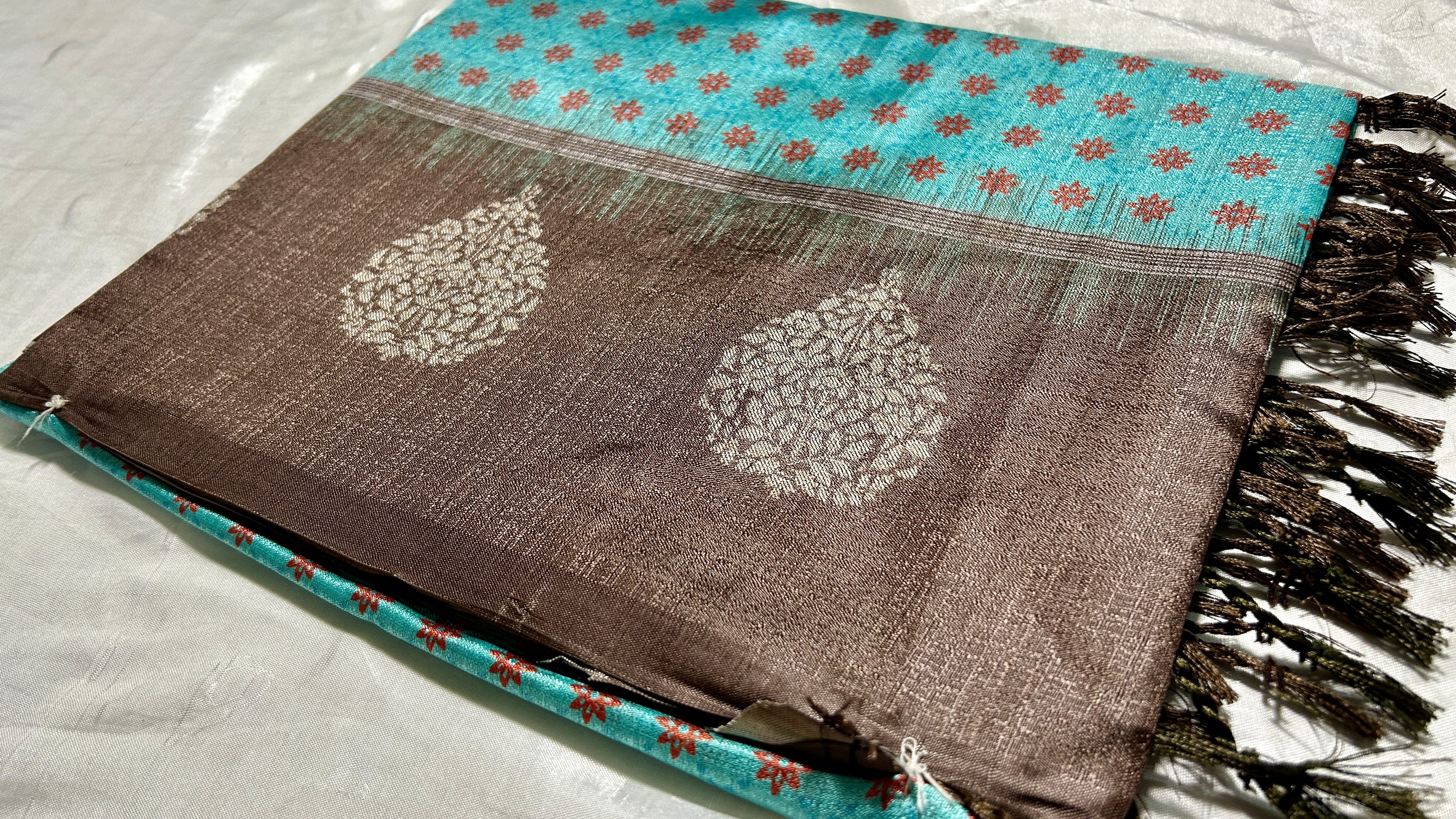 Pasmina Raw Digital Silk Saree - Turquoise & Brown