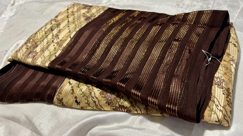 Kalavati Gold Leaf Line Saree - Dark Brown