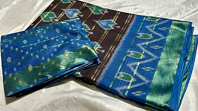 Summer Muslin Cotton Saree - Dark Brown & Sea Blue